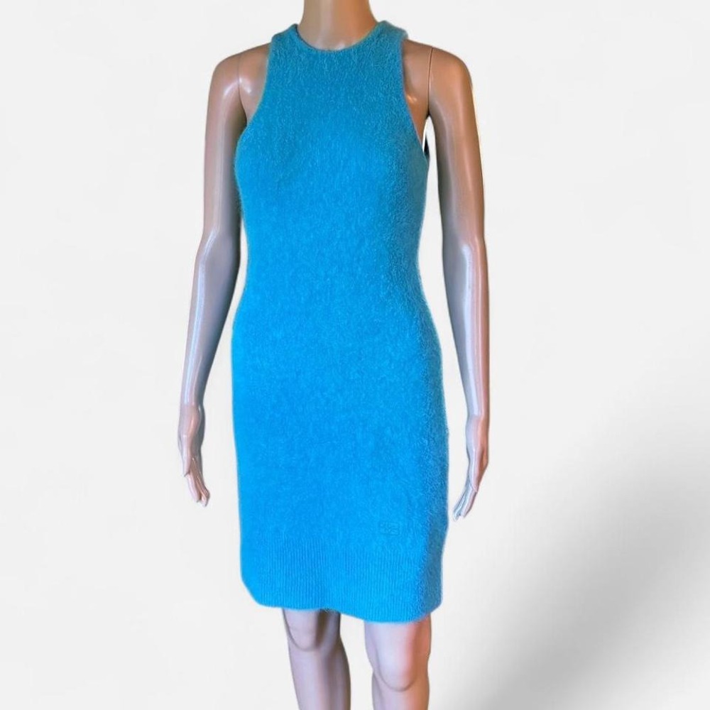 GANNI Blue Fuzzy Knit Sleeveless Dress with Back Cutout Size M